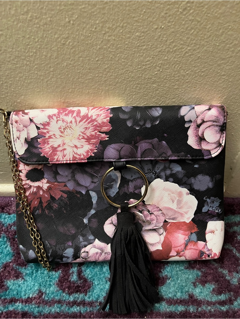 Purple floral wristlet handbag